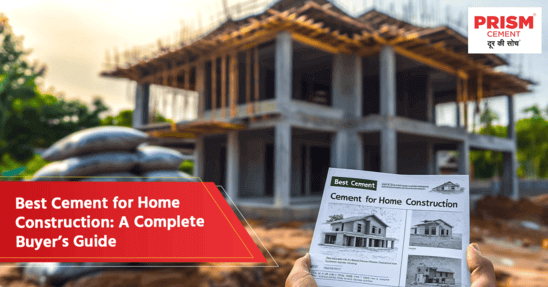 Person holding a guide on best cement for home construction in front of an under-construction house