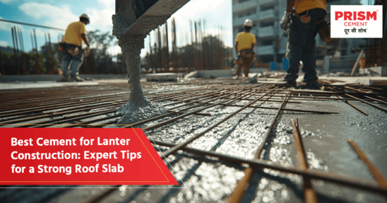 Workers pouring concrete with steel reinforcement for strong roof slab using best cement for lanter construction