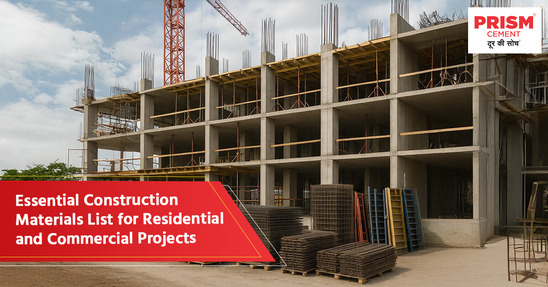 Construction site with scaffolding and materials like steel rods and molds for residential and commercial building projects