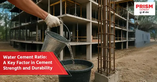 Worker pouring water into cement mix at a construction site, showing the importance of water-cement ratio for strength.