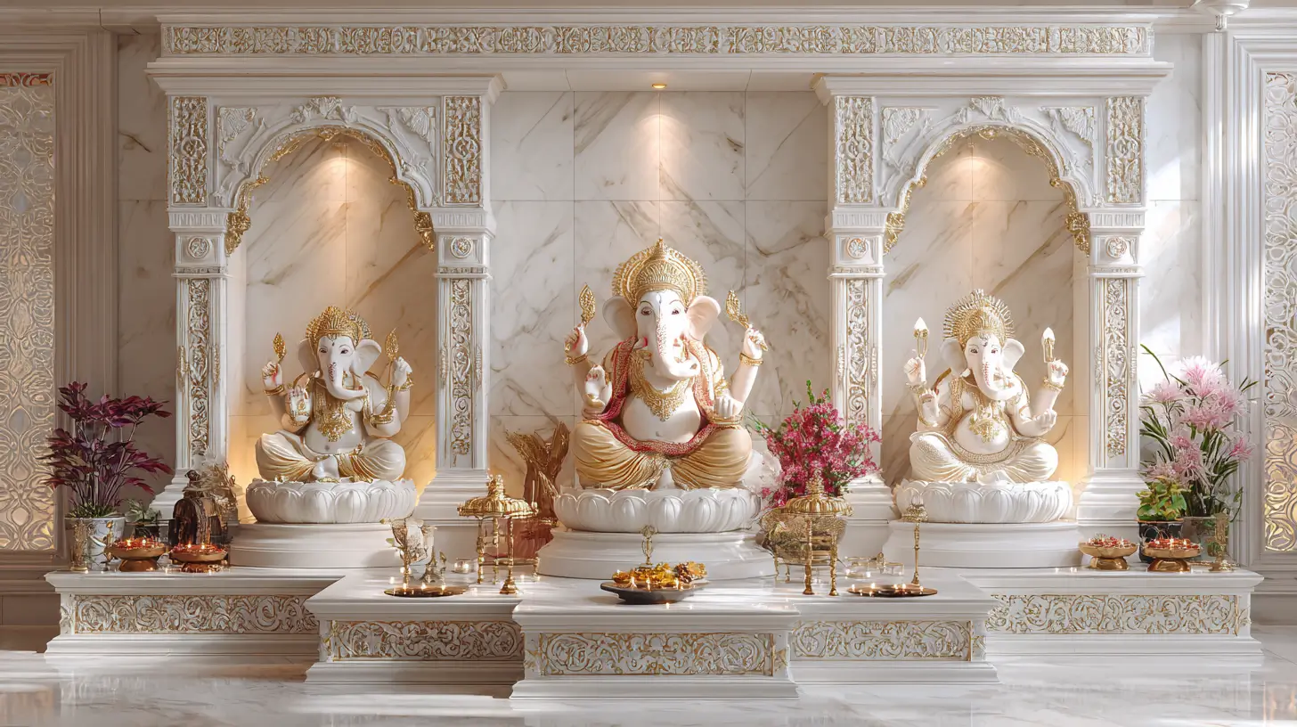 Beautiful marble ganesh mandir for home with elegant Lord Ganesha idols & decorative lighting inspired by Vastu principles