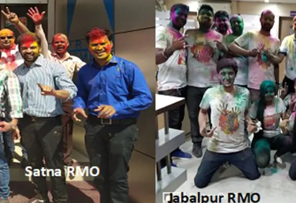 Prism Johnson Satna and Jabalpur RMO teams celebrating Holi with colors during an employee cultural event