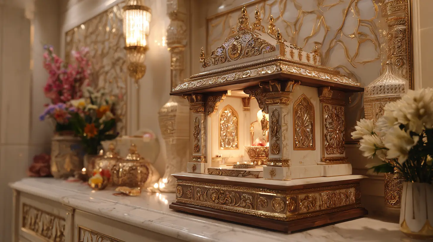 Elegant home temple position as per vastu with intricate golden carvings, marble base, and warm lighting inspired