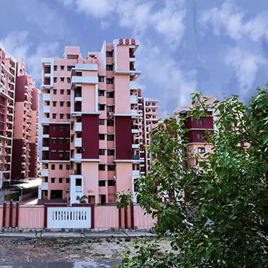 Modern residential apartment complex with multiple high-rise buildings
