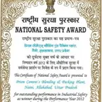 National Safety Award certificate presented to Prism Cement for outstanding industrial safety