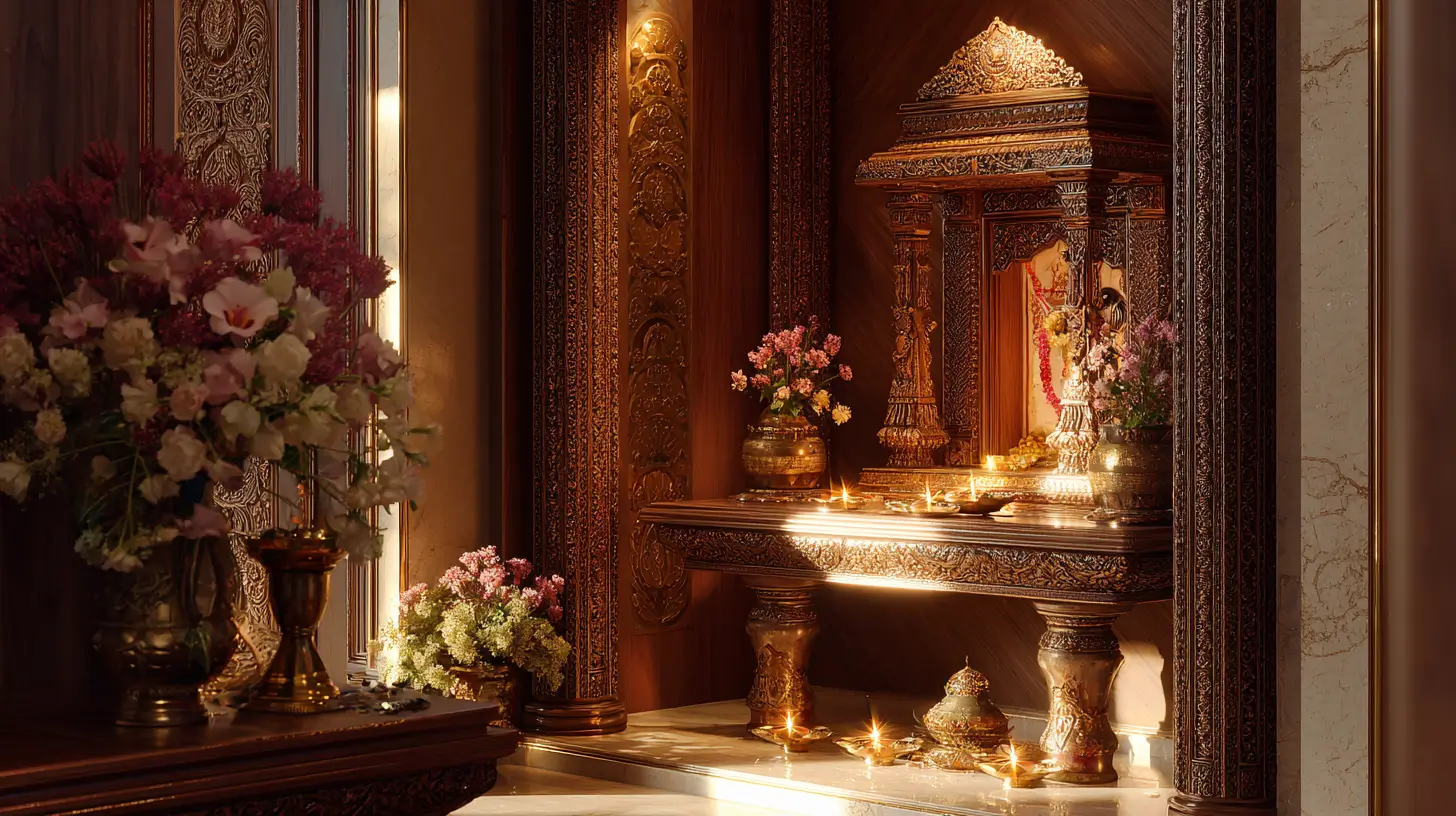 Beautiful traditional Indian pooja room as per vastu with ornate wooden temple, brass decor, and soft lighting for positive vastu energy